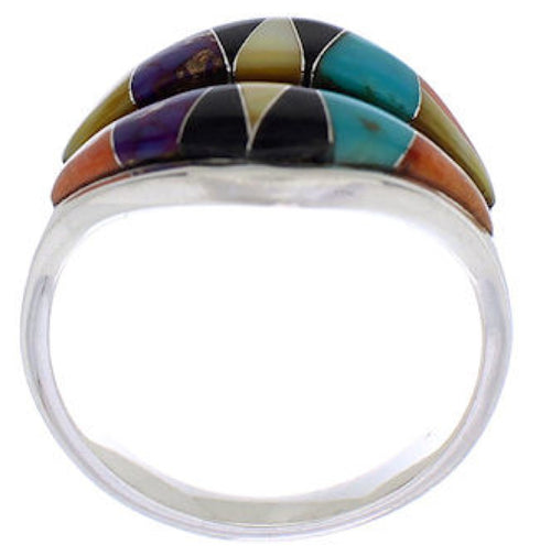 Silver Turquoise Multicolor Inlay Jewelry Ring Size 6-3/4 MX23435